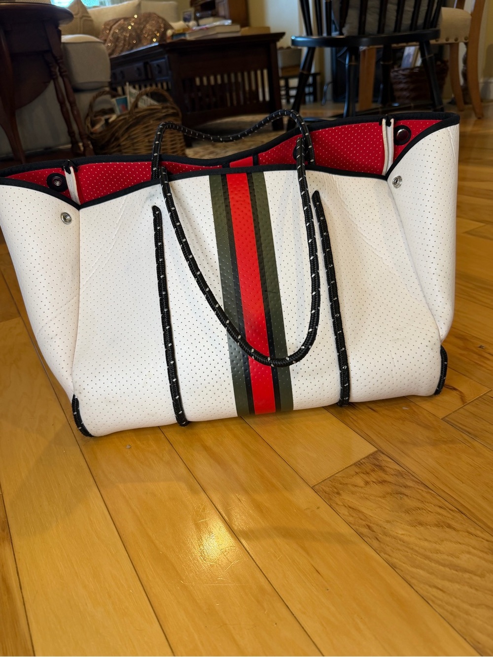 HAUTE SHORE White Neoprene Tote with Red and Green Center Stripe